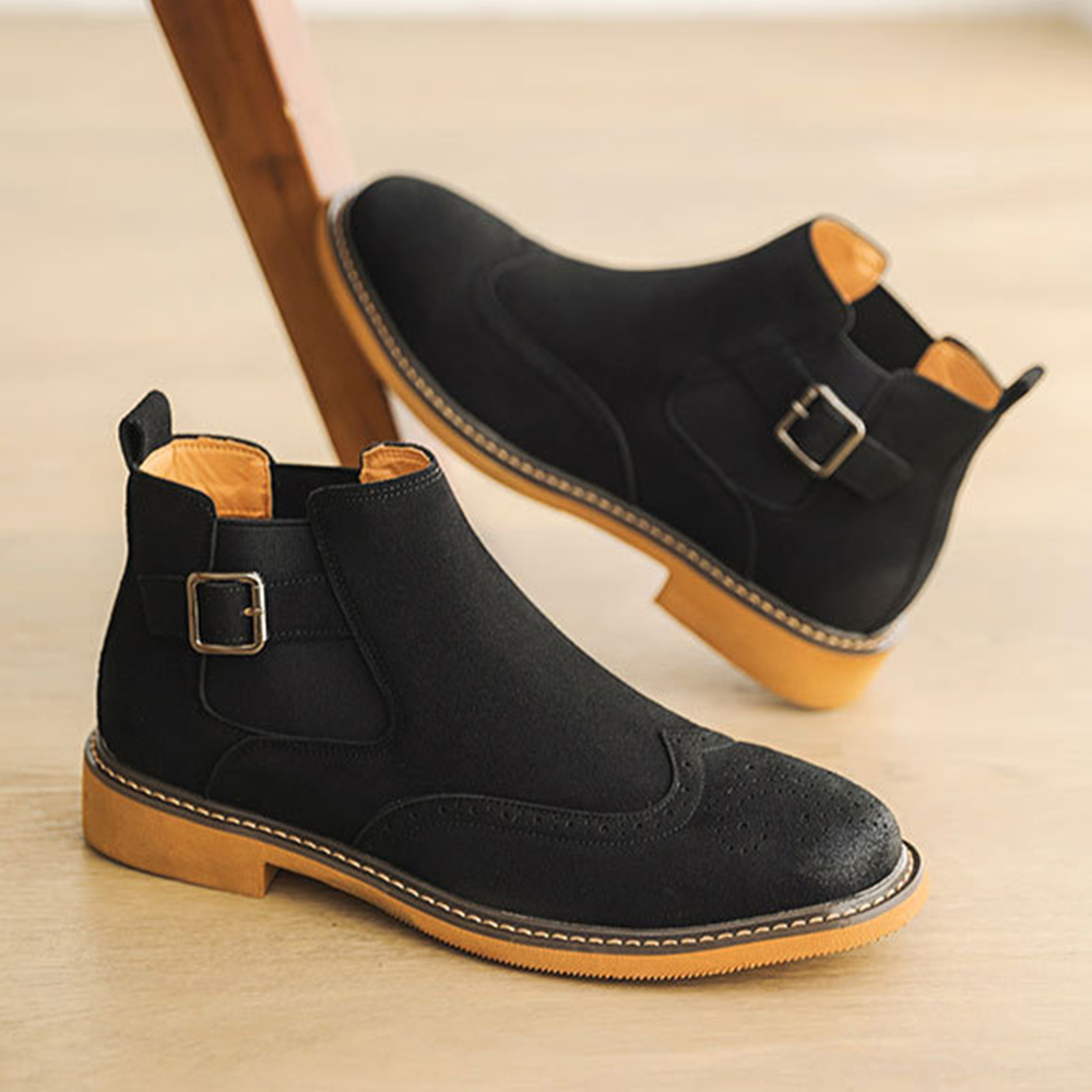 Men's Vintage Beige Suede Buckle Rub Off Brogue Chelsea Boots