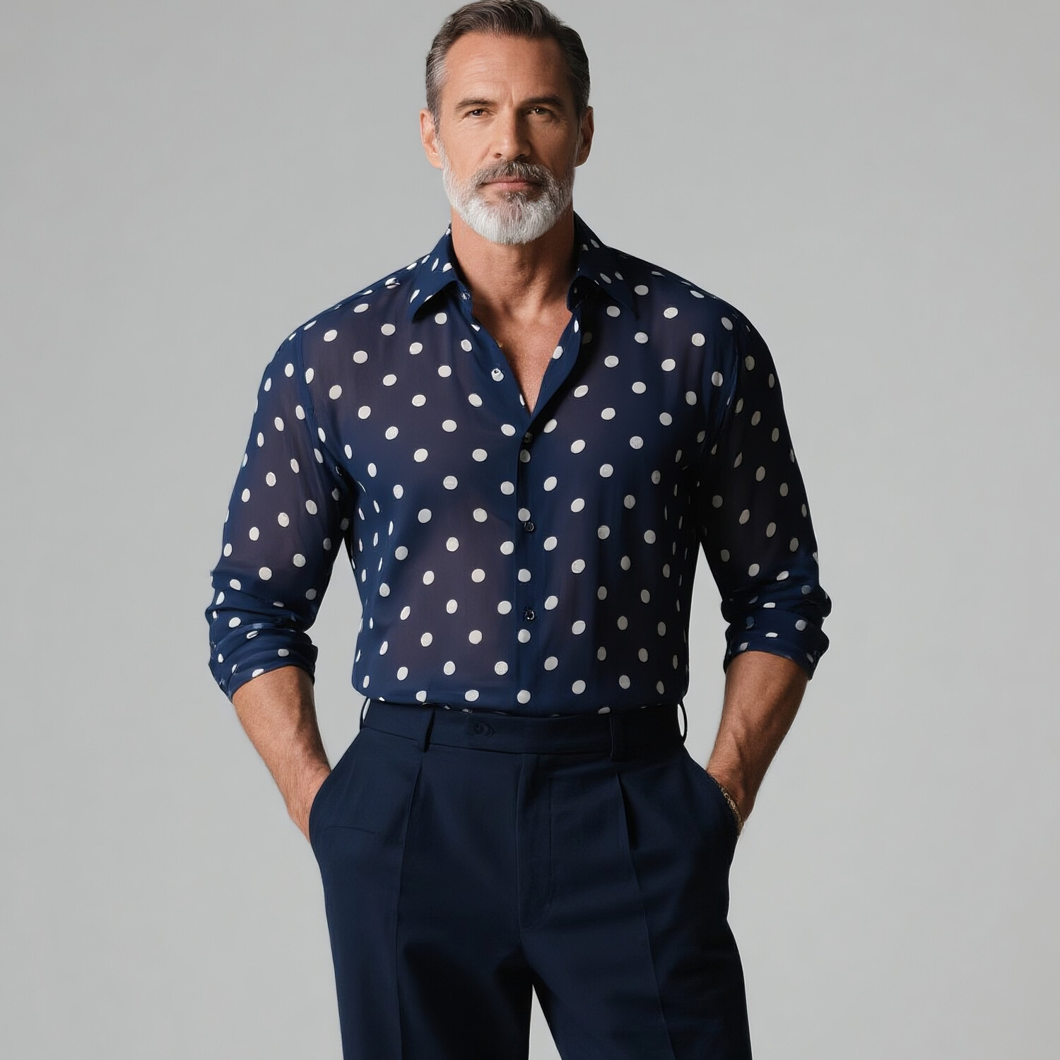Men's Retro Polka Dot Long Sleeve Semi-Sheer Shirt