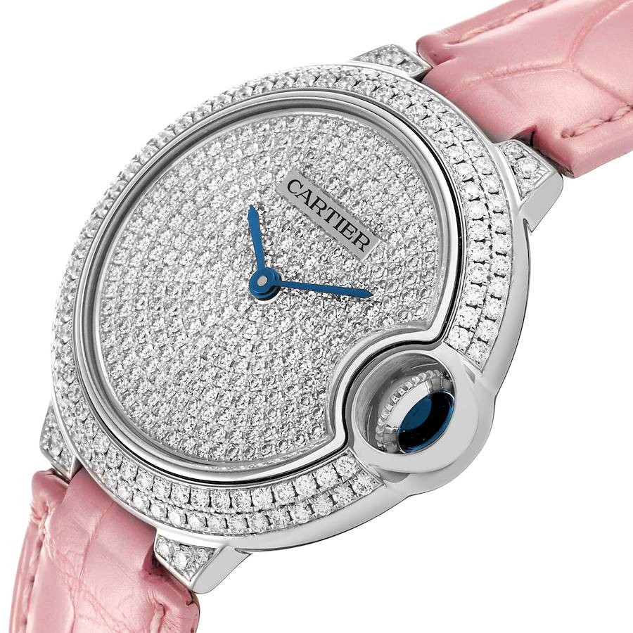 Cartier Ballon Bleu 33 White Gold Pave Diamond Ladies Watch WE902047