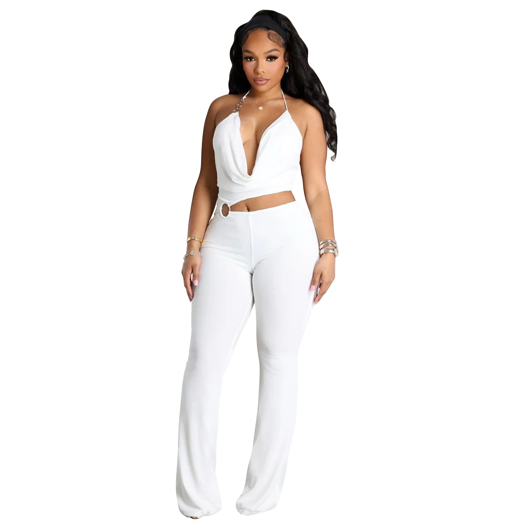 Women’s Circle-Embellished Halter Neck Open-Waist Jumpsuit