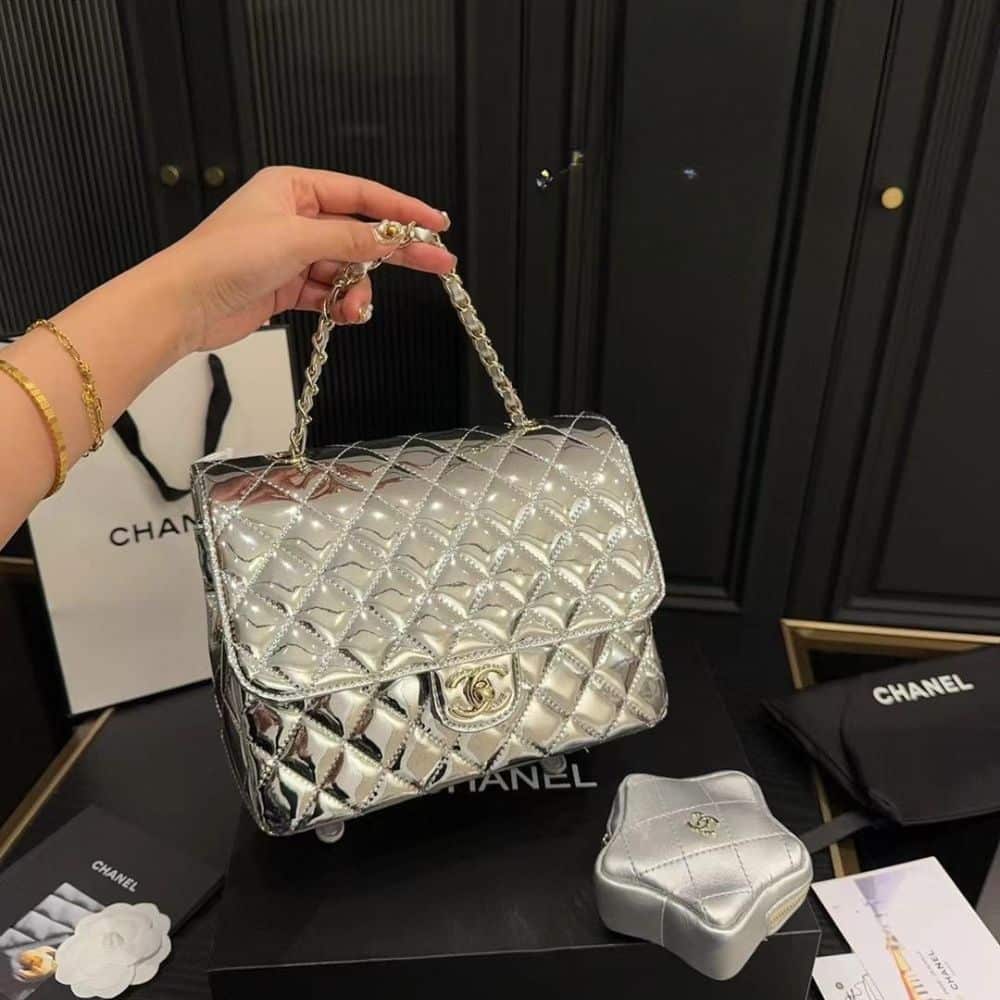 Chanel 24C Mirror Star Coin Purse Mini Flap Bag Metallic Silver 23Cm