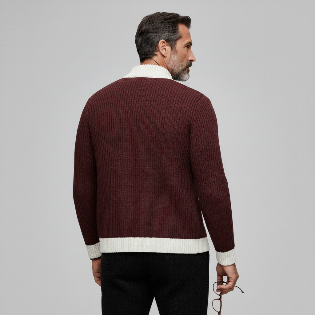 Men's Burgundy Contrast Trim Stand Collar Long Sleeve Single Breasted Knit Cardigan