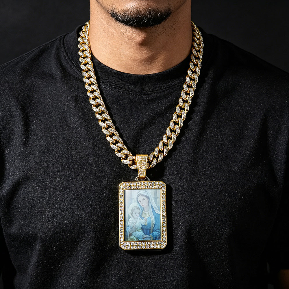 Virgin Mary & Child Iced Out Cuban Link Necklace ✨ Divine Mother Protection & Family Blessing Talisman