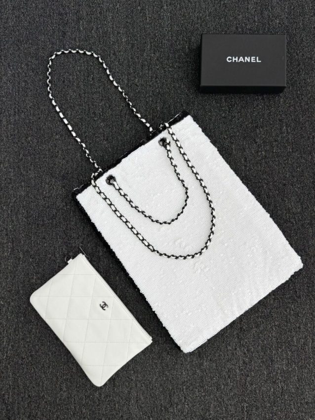 CHANEL Sequin Shoulder Bag White