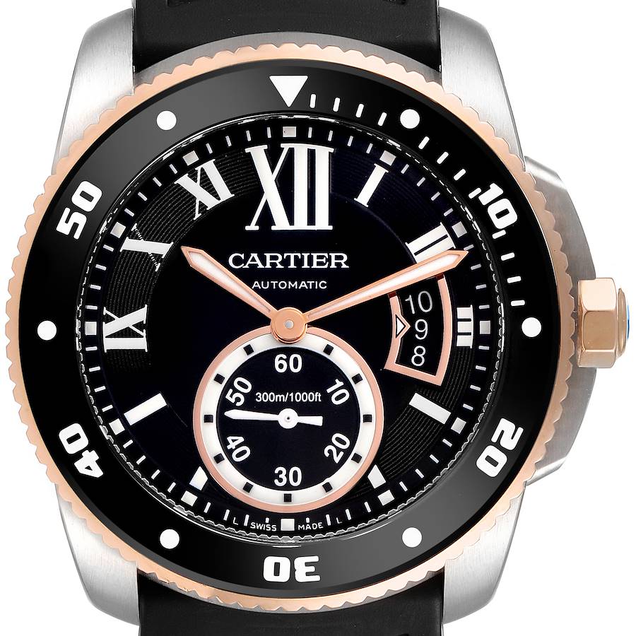 Cartier Calibre Diver Steel Rose Gold Black Dial Mens Watch W7100055
