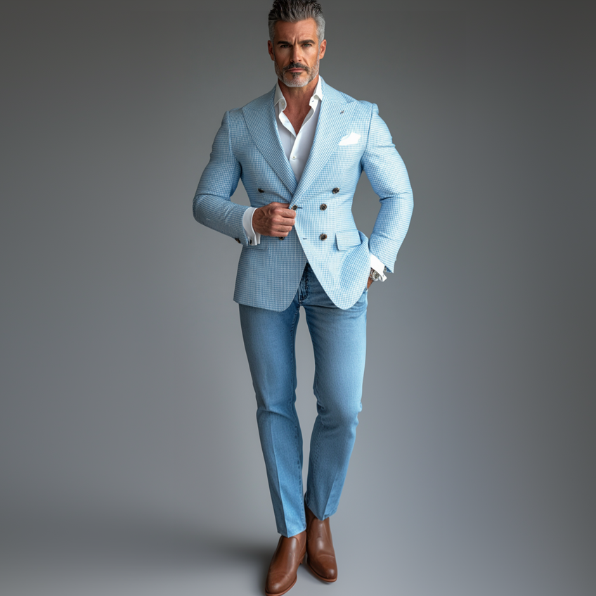 Men's Peak Lapel Double Breasted Chest Pocket Houndstooth Pattern Blazer