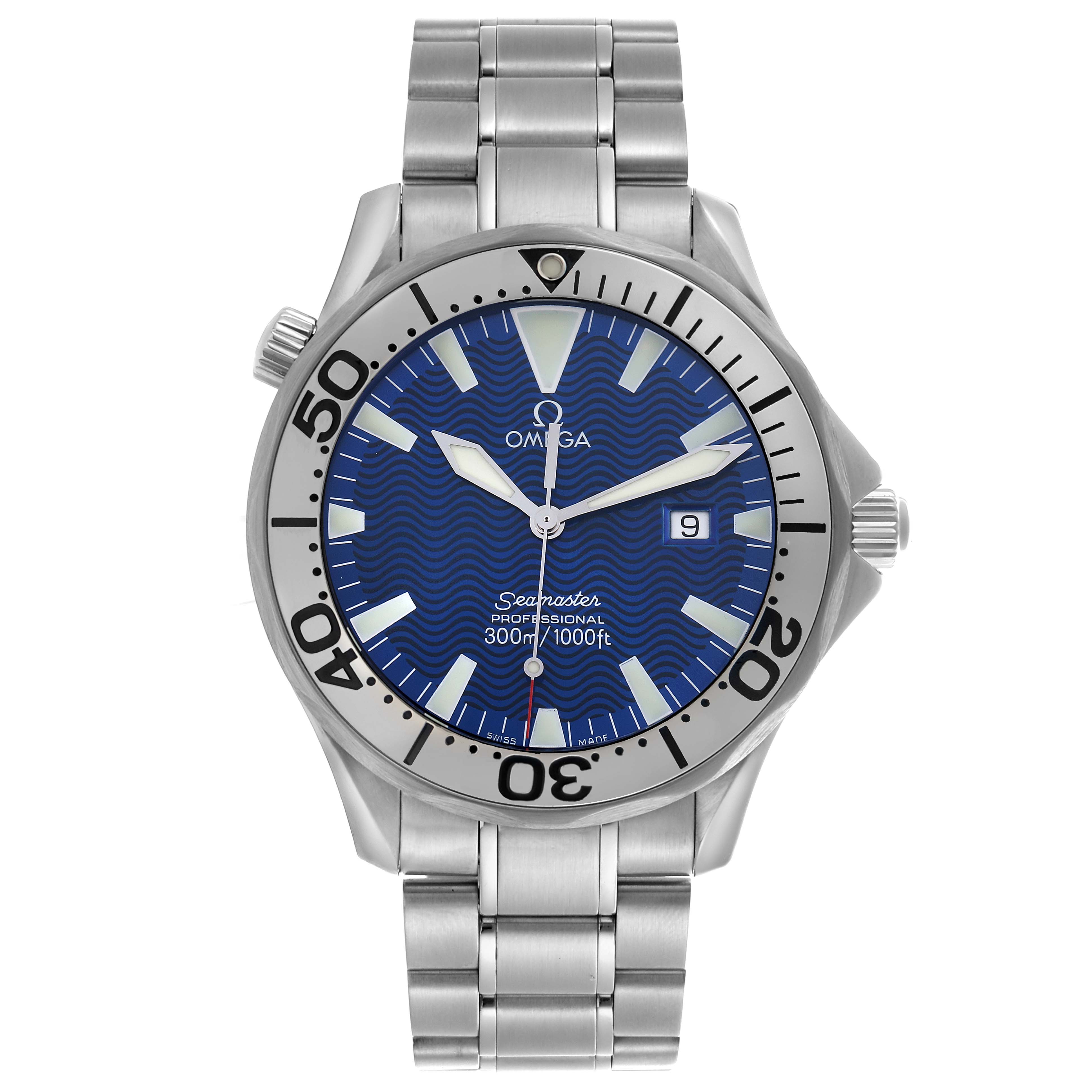 Omega Seamaster Electric Blue Wave Dial Steel Mens Watch 41.0 MM 2265.80.00 Card