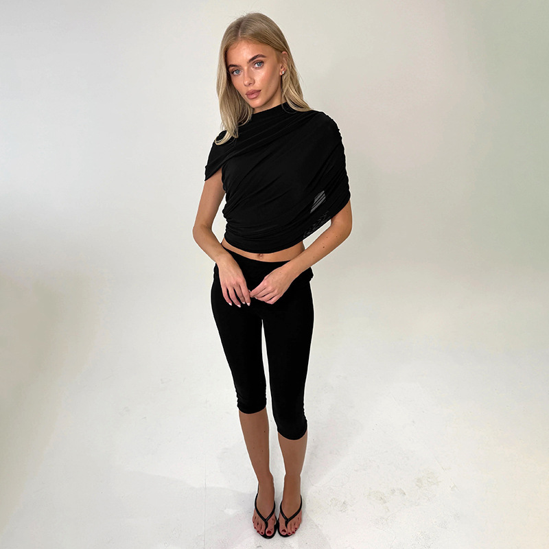 Women Spring Sexy Draped Top and Capri Pants Two-Piece Set