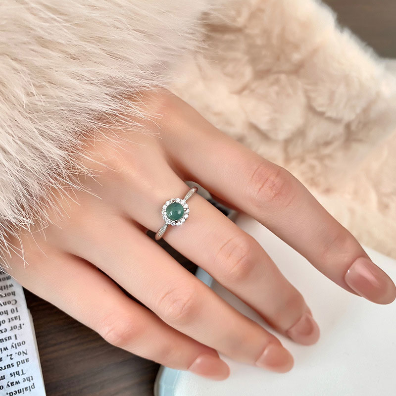 GemVibra Blue Water Jadeite Open Ring, S925 Silver with Rhinestone Halo