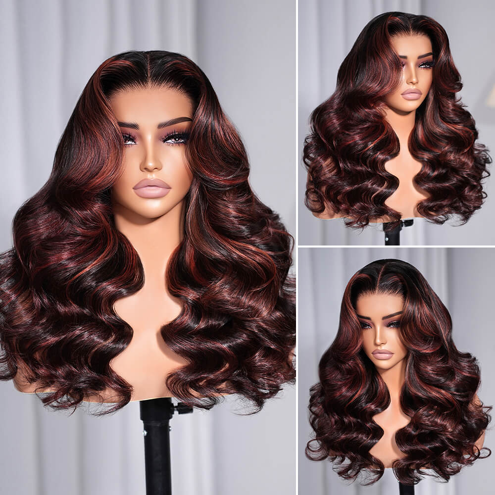 Megalook 6x5 Invisible Knots Glueless Natural Black With Highlights Body Wave Wigs Pre-cut Lace Beginner Friendly