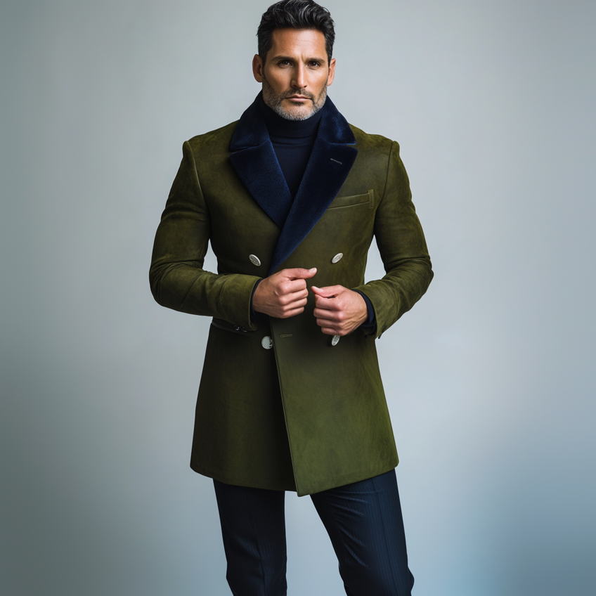 Men's Suede Two Tone Lapel Collar Double Breasted Long Blazer