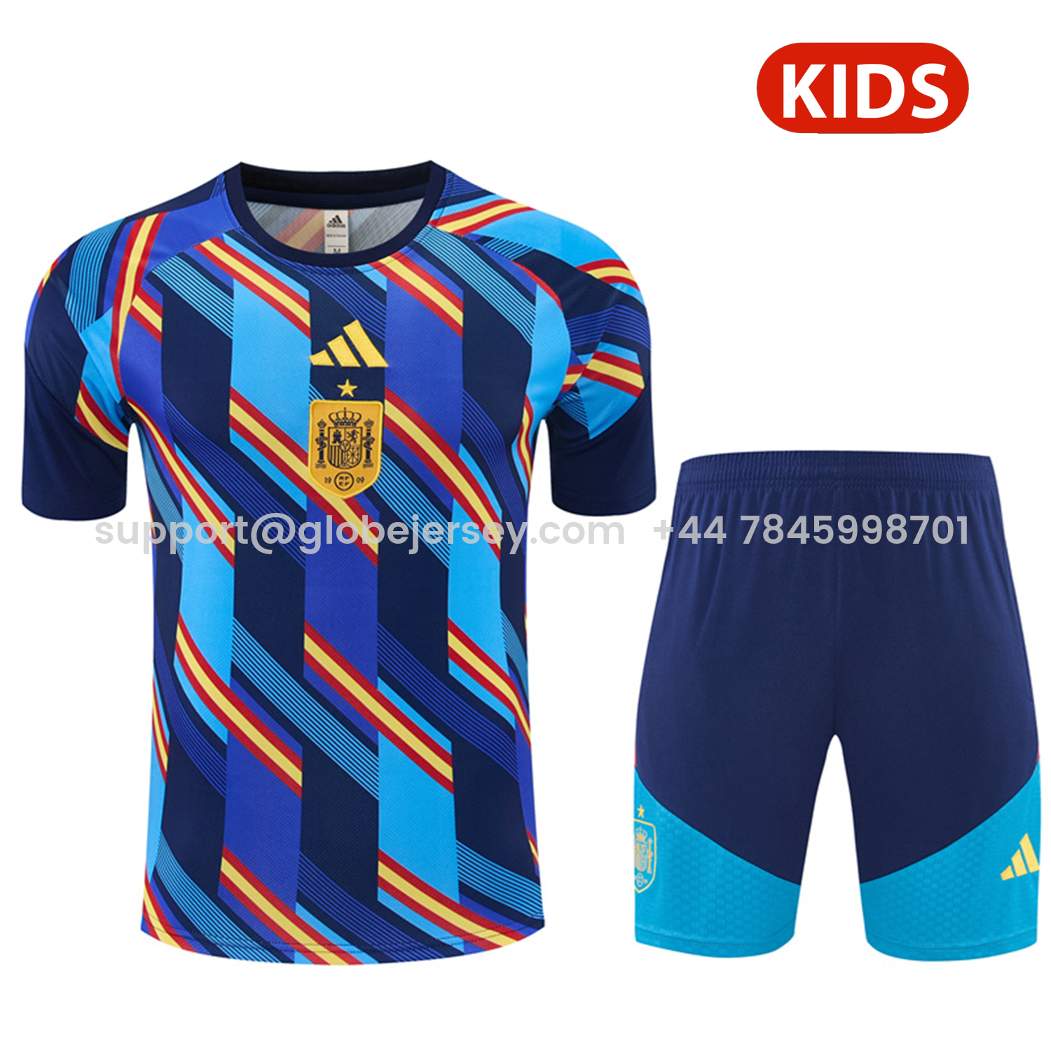 Spain 2026 Kids Short-Sleeve Training Set - Royal Blue And Yellow Top & Royal Blue Shorts