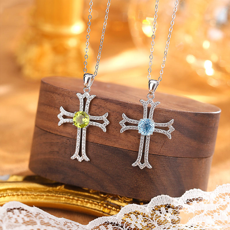 GemVibra Cross Pendant Necklace in 925 Silver with Gemstone Center