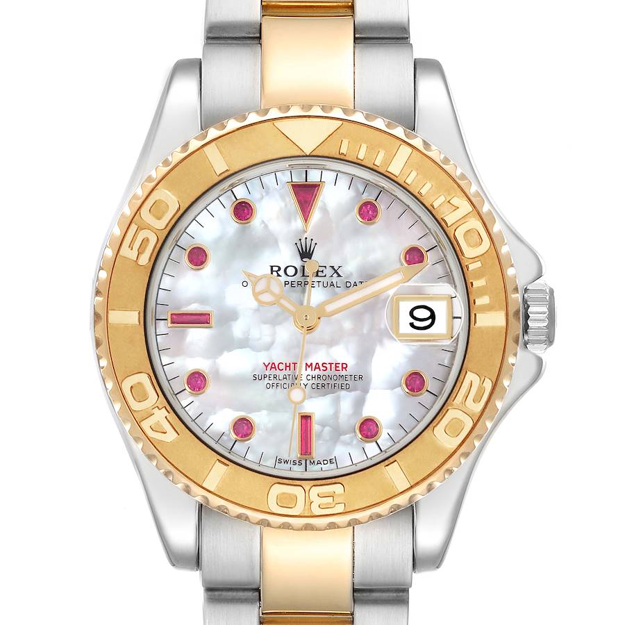 Rolex Yachtmaster 35 Midsize Steel Yellow Gold MOP Ruby Dial Watch 168623