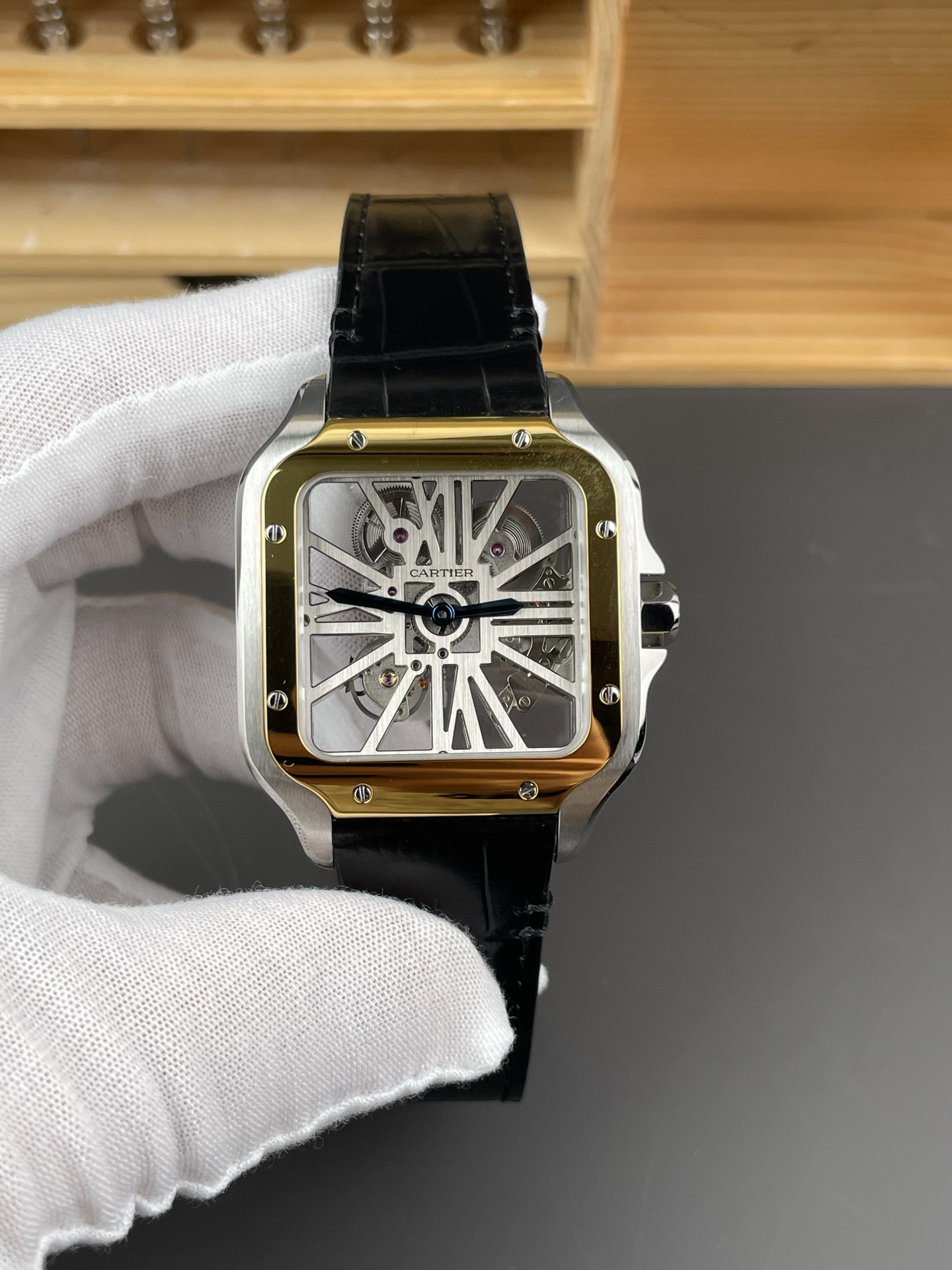 Santos Skeleton Series Leather Strap Two-Tone Dial
