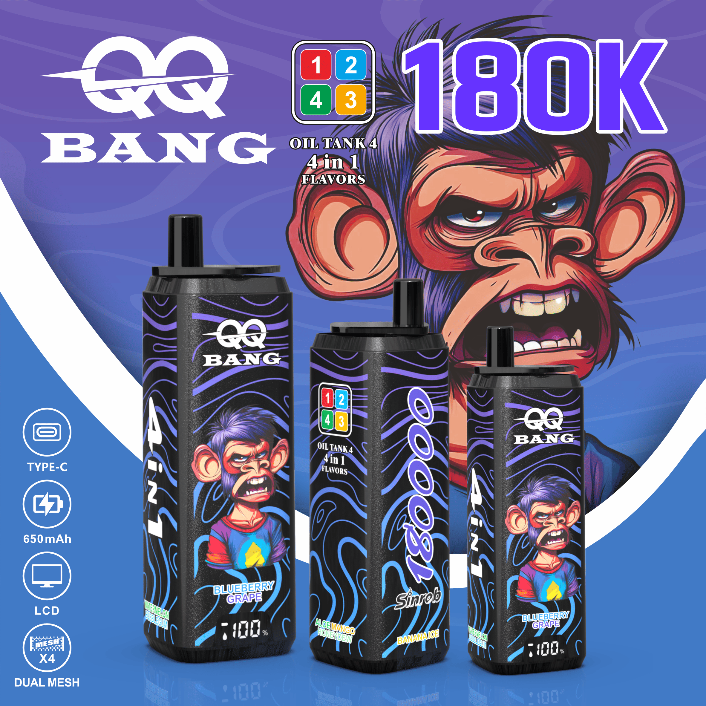 E-papieros Jednorazowy QQ BANG 180K (4 w 1) | Ekran LCD | Dostawa 48h|Darmowa wysyłka