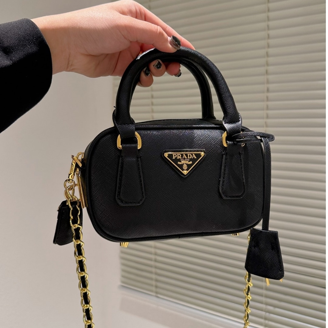 Prada Saffiano Lux Signature Mini Bauletto Bag Black 19Cm