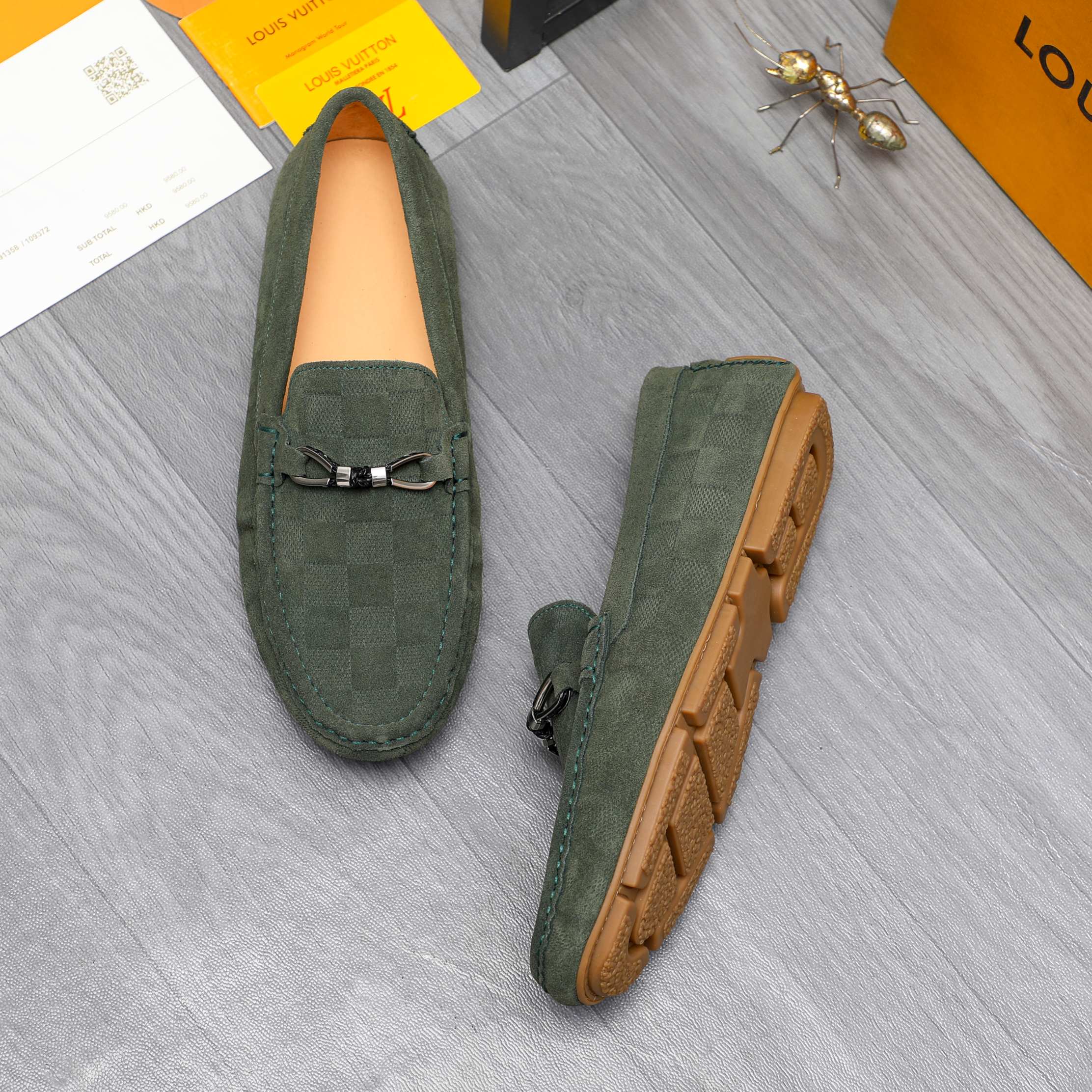 Louis Vuitton Lv Damier Suede Leather Loafers In Dark Green