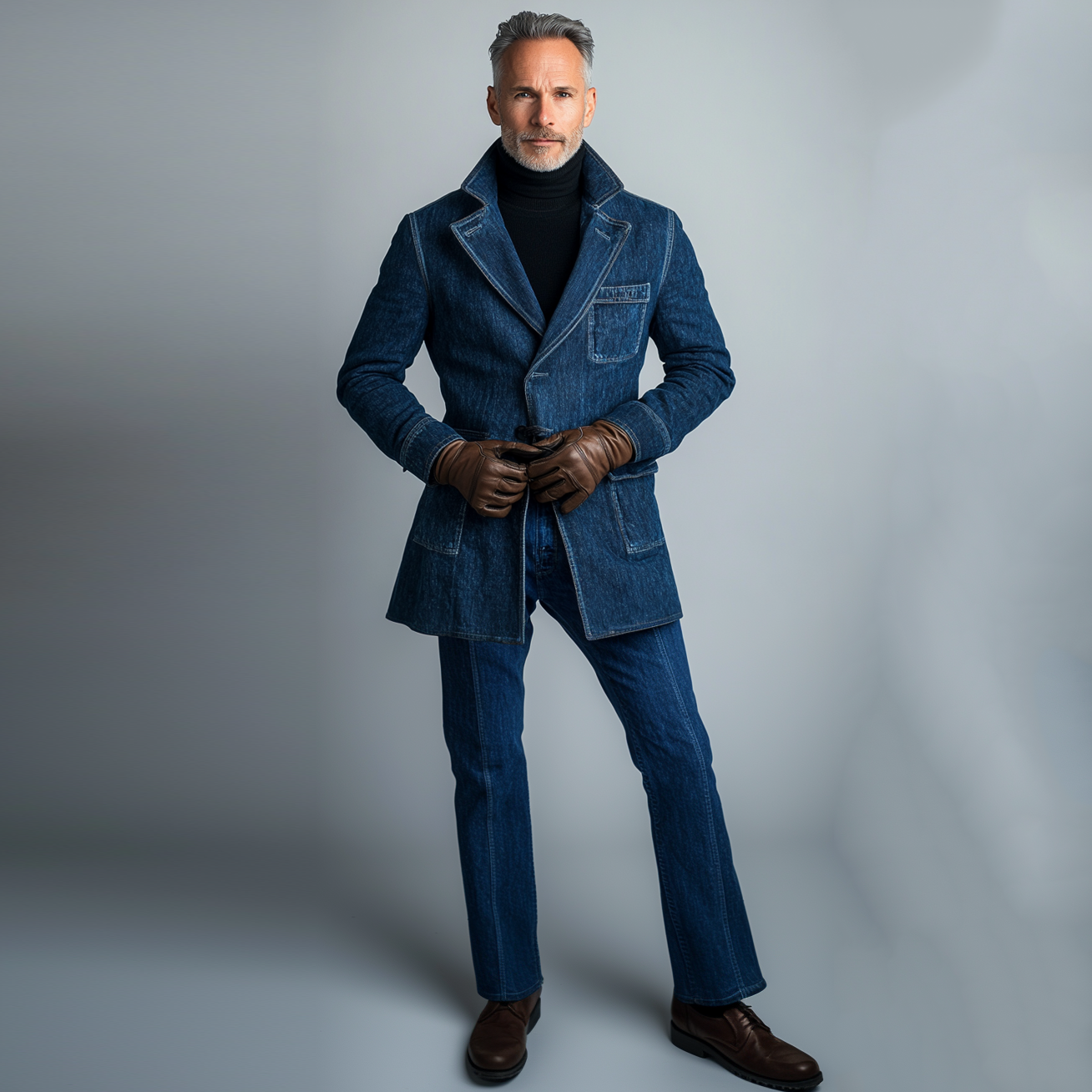 Men's Lapel Collar Single Breasted Pockets Denim Coat