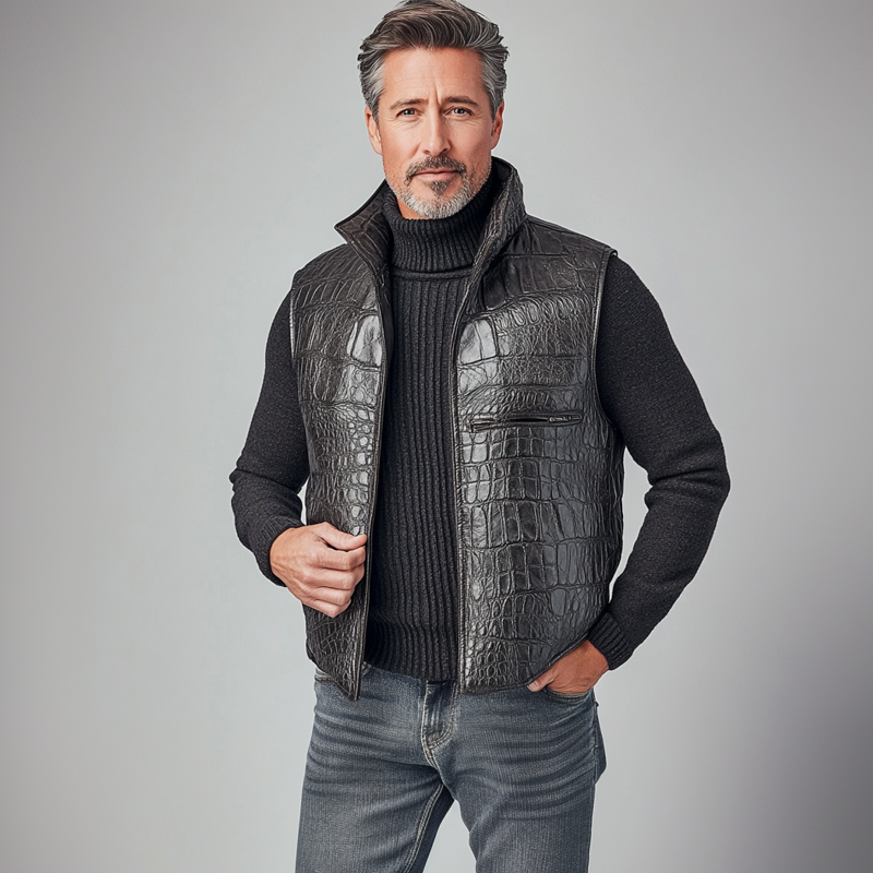 Men's Vintage Alligator Pattern Stand Collar Sleeveless PU Leather Vest