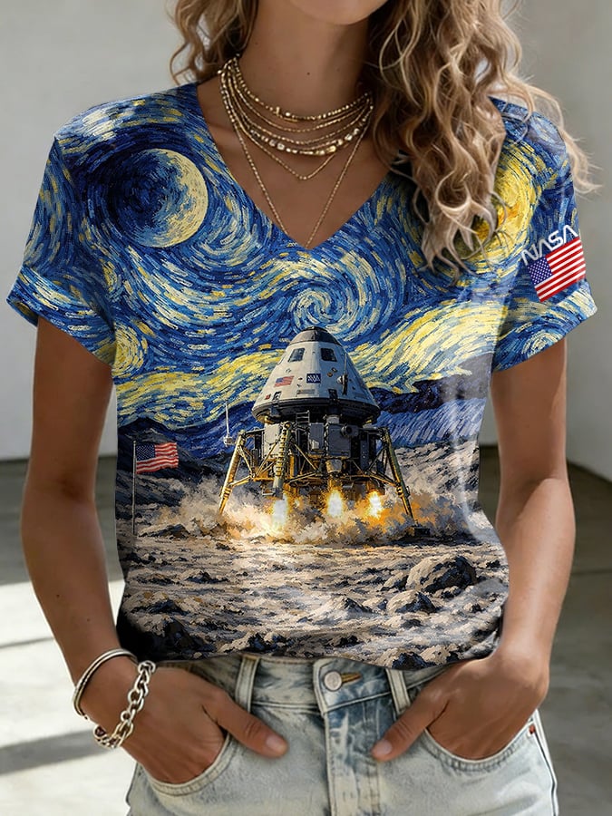 V-Neck Retro Starry Night Artemis II Print T-Shirt