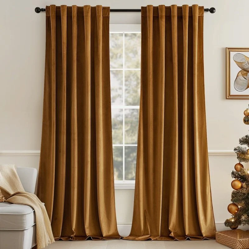 Custom Velvet Curtains Luxury Blackout Curtains  (2 Panels) - Golden Brown