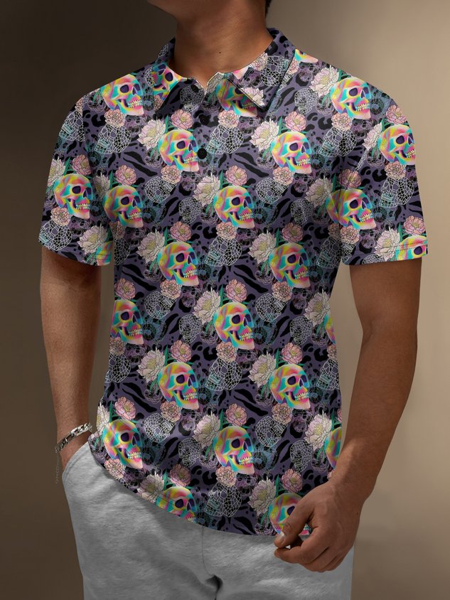 Moisture Wicking Colorful Skull Floral Short Sleeve Golf Polo