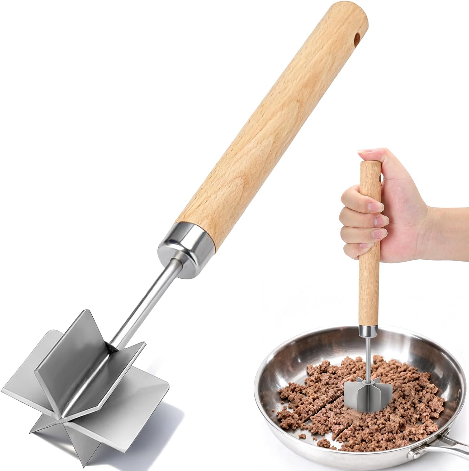 Meat Chopper Stainless Steel, 6 Curve Blades Meat Masher, 11 Inch Ground Beef Chopper Tool & Hamburger Smasher, Meat Pounder & Multi-Purpose Kitchen Tool