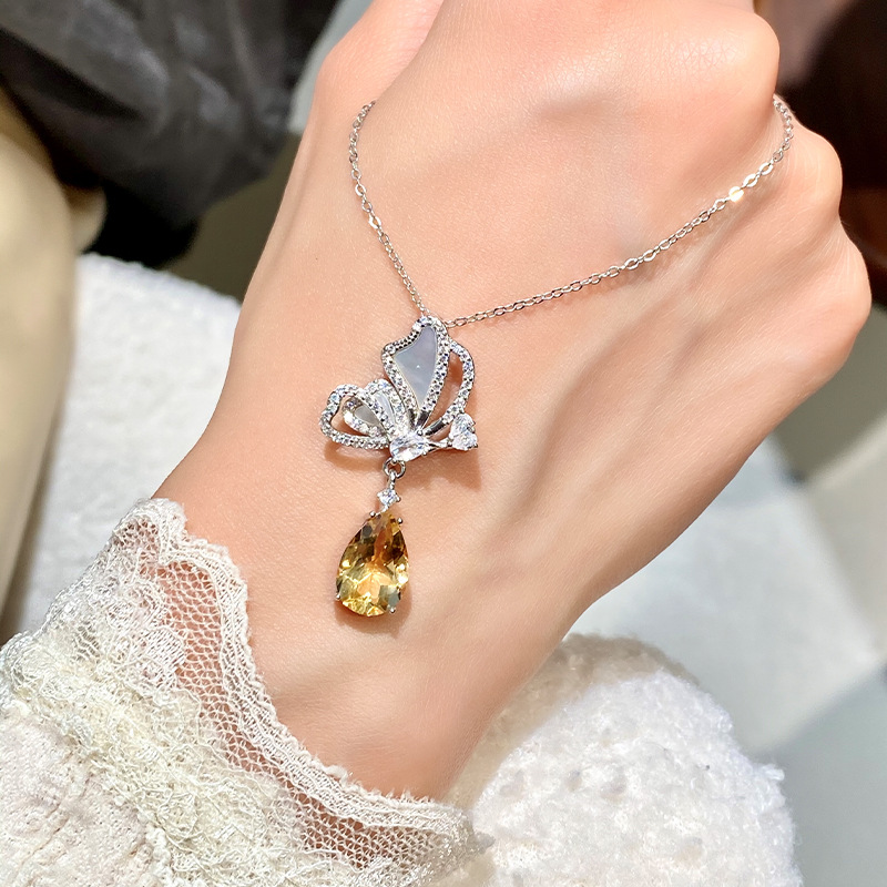 GemVibra Butterfly Pendant Necklace in 925 Silver with Gemstone Drop