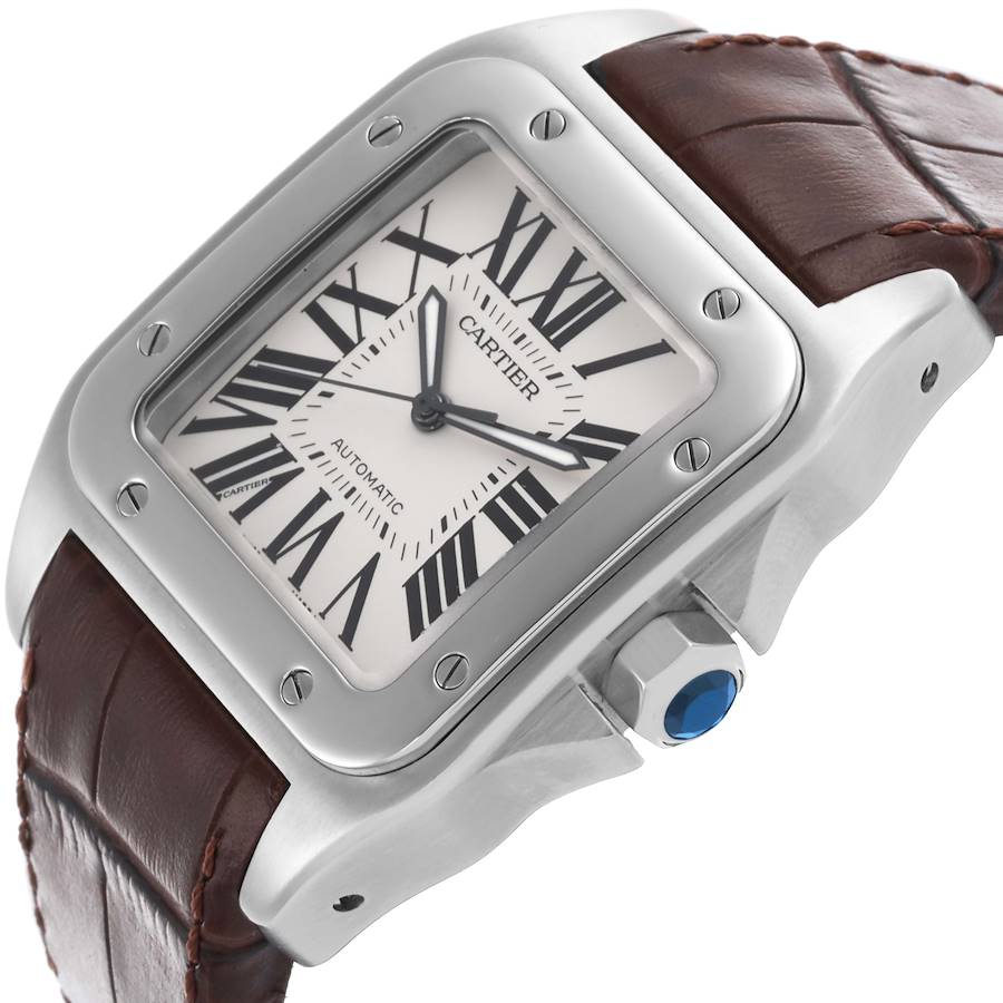 Cartier Santos 100 Brown Strap Steel Mens Watch W20073X8