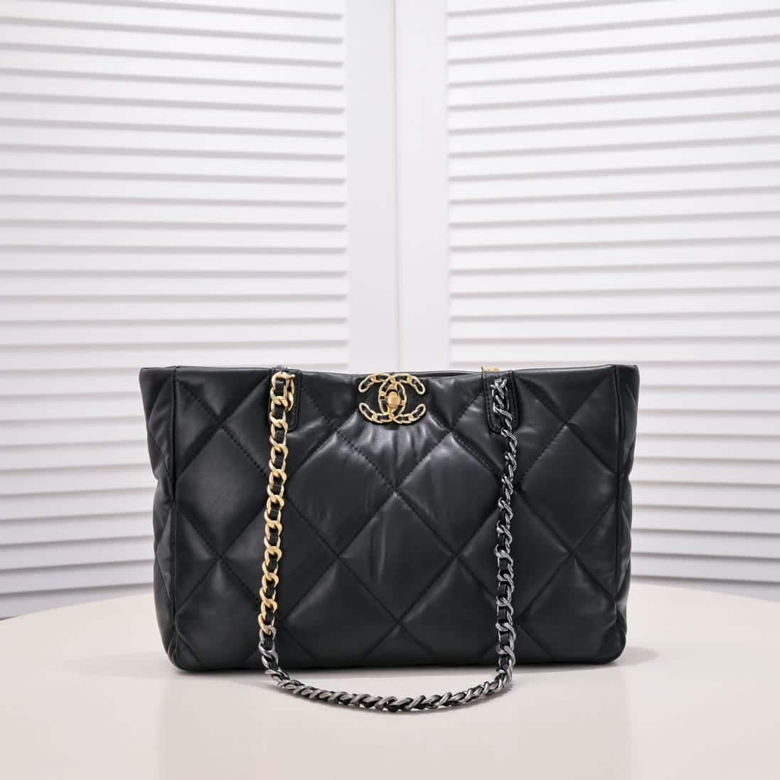 Chanel Quilted 19 East West Shopping Bag Black 35Cm