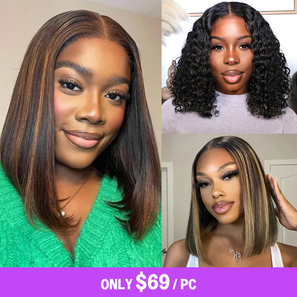 Megalook $69 Final Deal Price 6x5 Glueless Pre-Cut Lace Balayage Highlight Straight/Curly Bob Wig