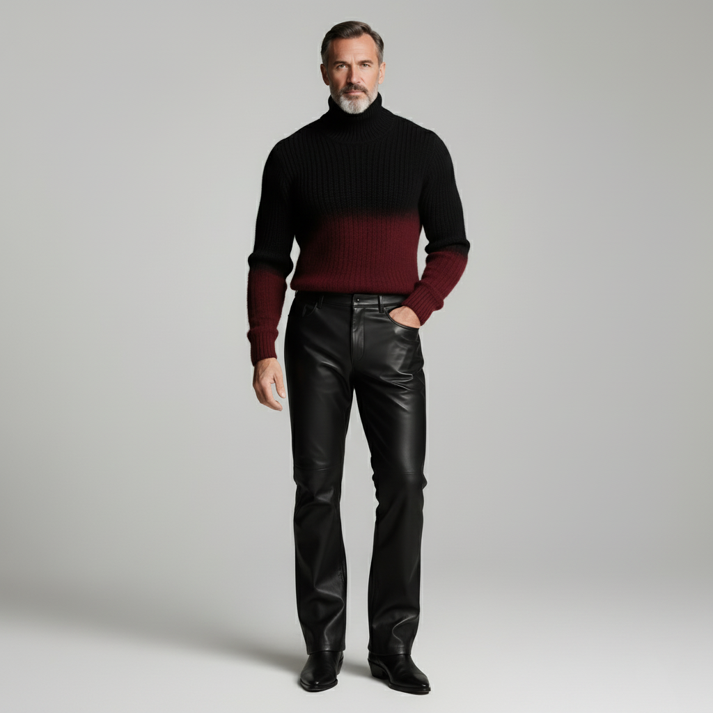 Men's Black Ombre Pattern Long Sleeve Ribbed Knit Turtleneck Sweater