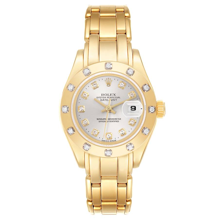Rolex Pearlmaster Yellow Gold Silver Diamond Ladies Watch 69318