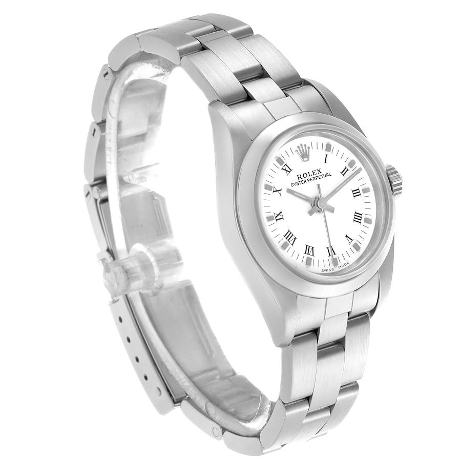Rolex Oyster Perpetual White Roman Dial Smooth Bezel Steel Ladies Watch 76080