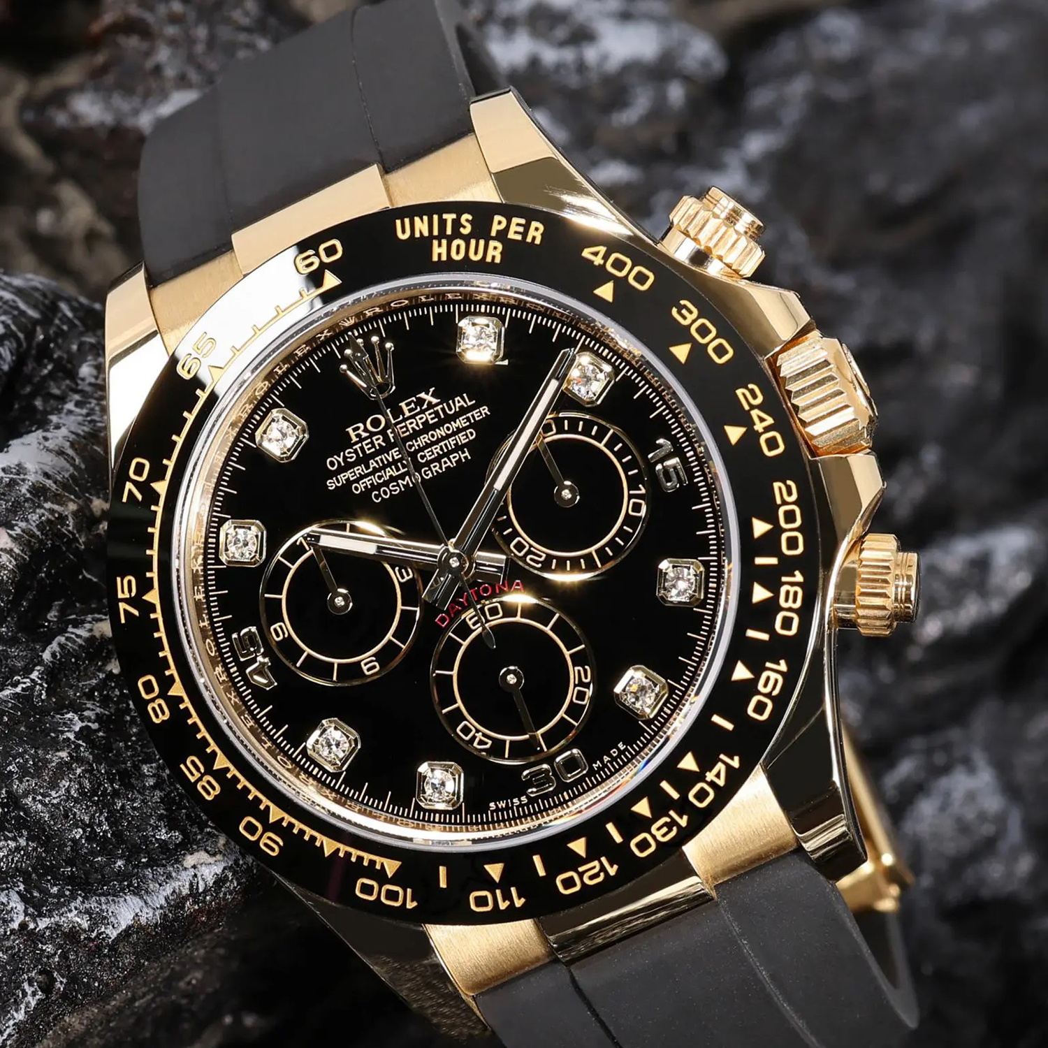 Rolex Daytona Yellow Gold Black-Diamond Oysterflex Strap 116518LN-0046