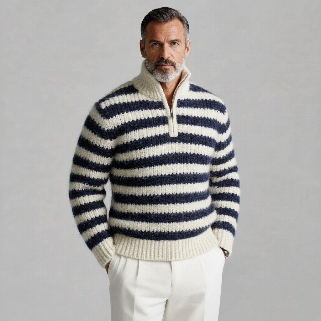 Men's Navy Blue Striped Stand Collar Half Zip Long Sleeve Knit Sweater