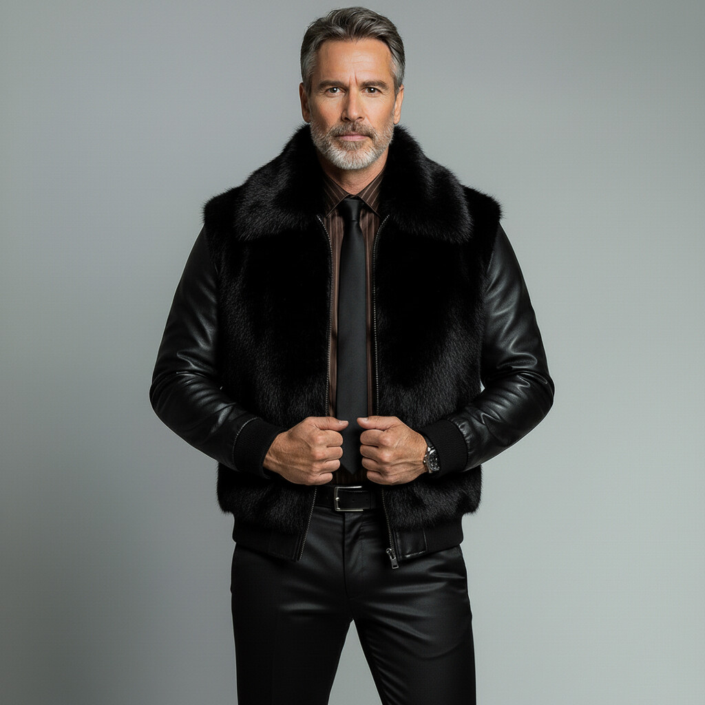 Men's Black Artificial Fur Lapel Patchwork PU Long Sleeve Zipper Jacket