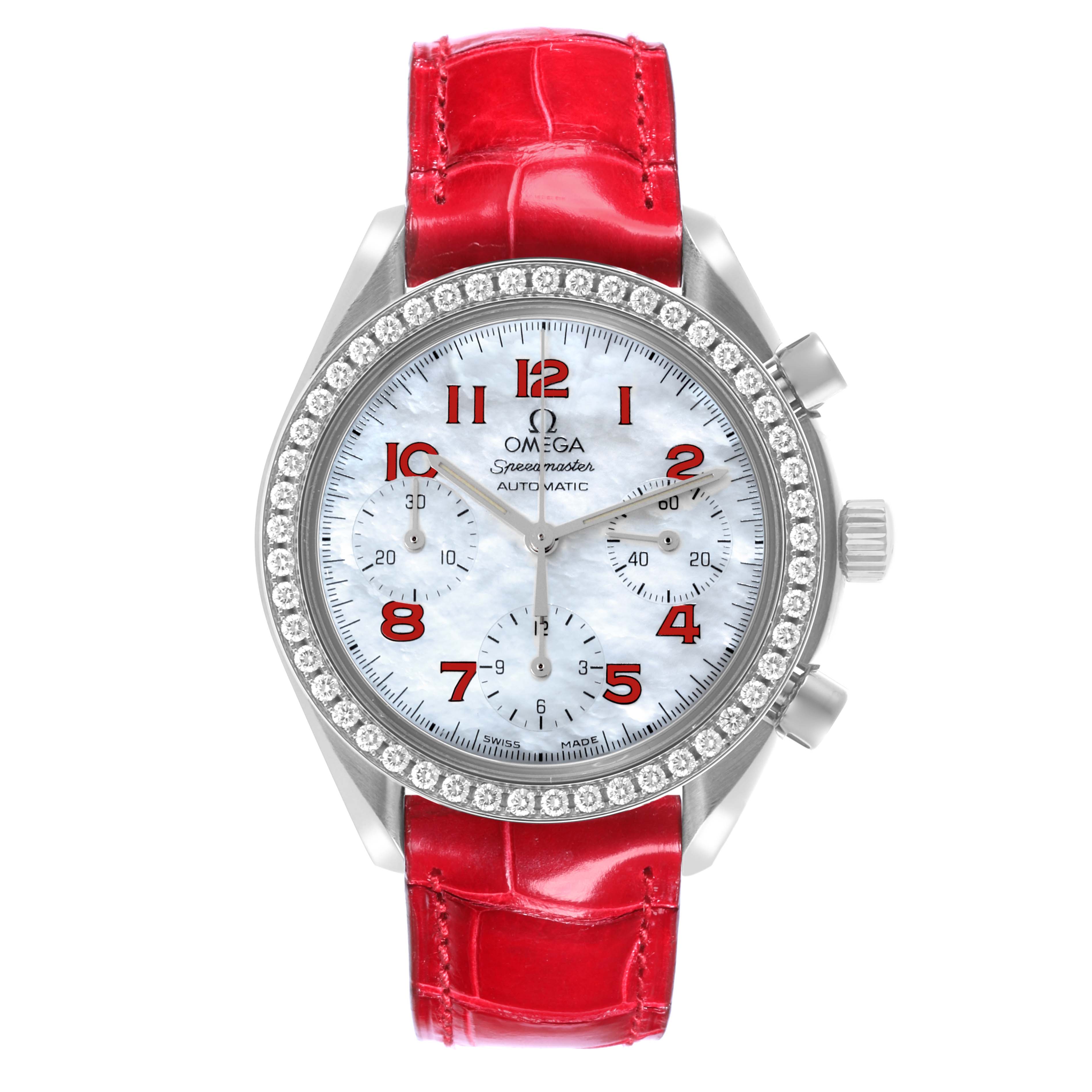 Omega Speedmaster MOP Diamond Red Strap Ladies Watch 39.0 MM 3815.79.40
