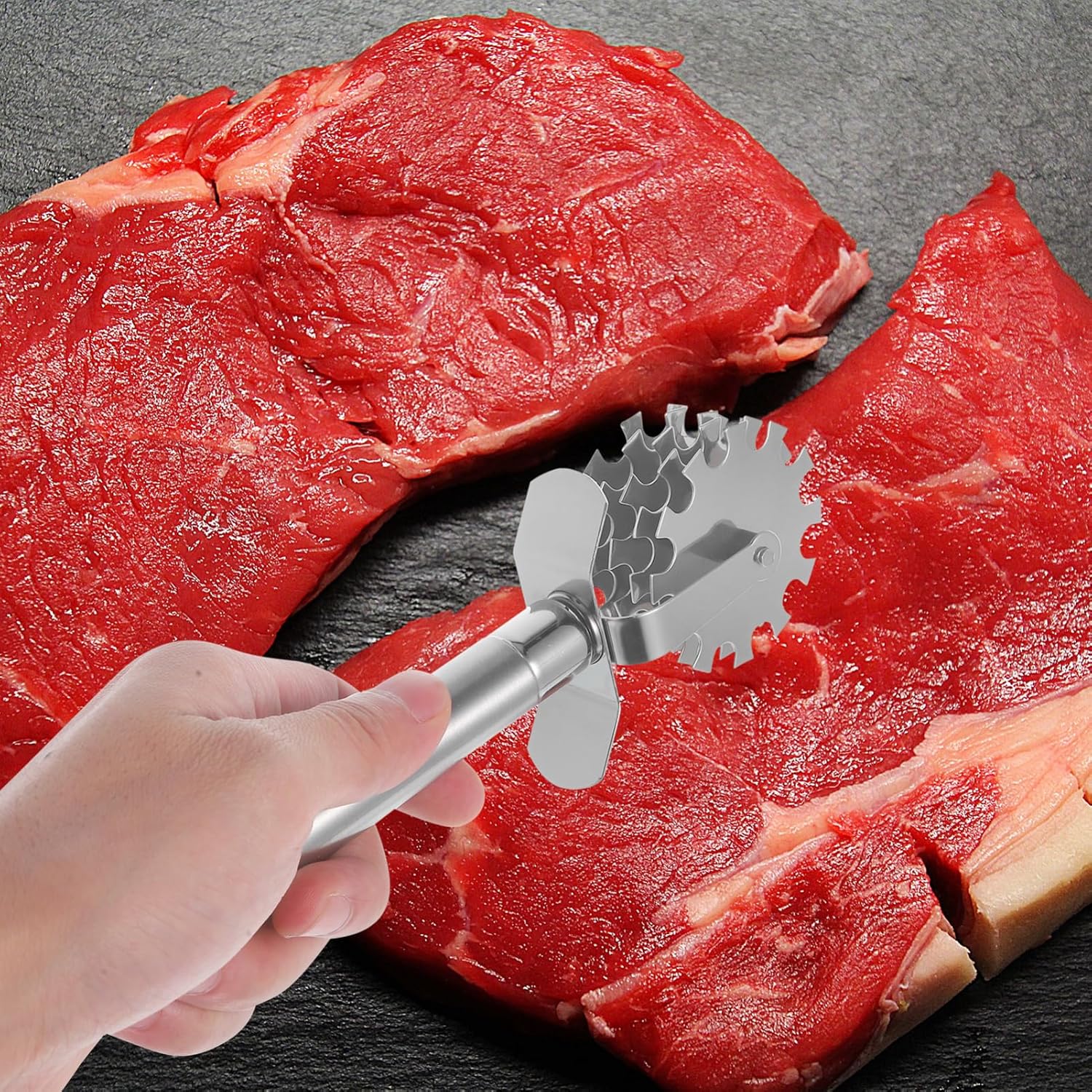 Wheel Meat Tenderizer Roller Stainless Steel Kitchen Tool for Beef Pork Steak Softening and Cooking Preparation 7.59X2.83X1.57 Inch
