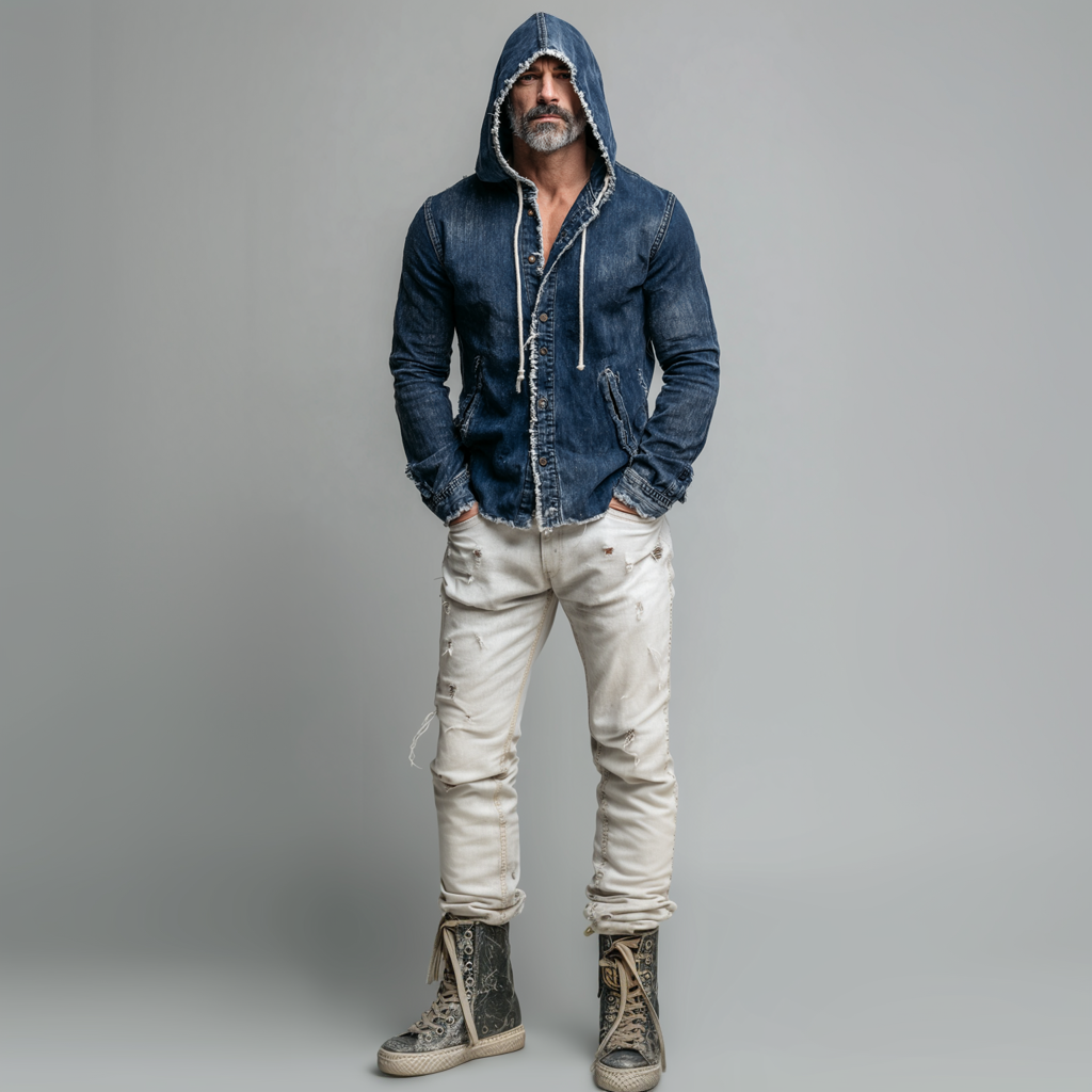 Men's Casual Raw Edge Denim Long Sleeve Pockets Drawstring Hooded Jacket