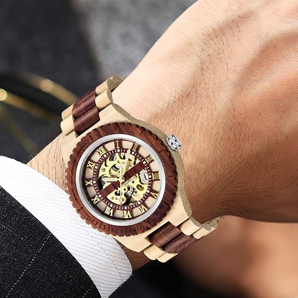Men's Wooden Watch Triangle Skeleton Automatic Watch Mechanical Wood Watches for Men Brown&red