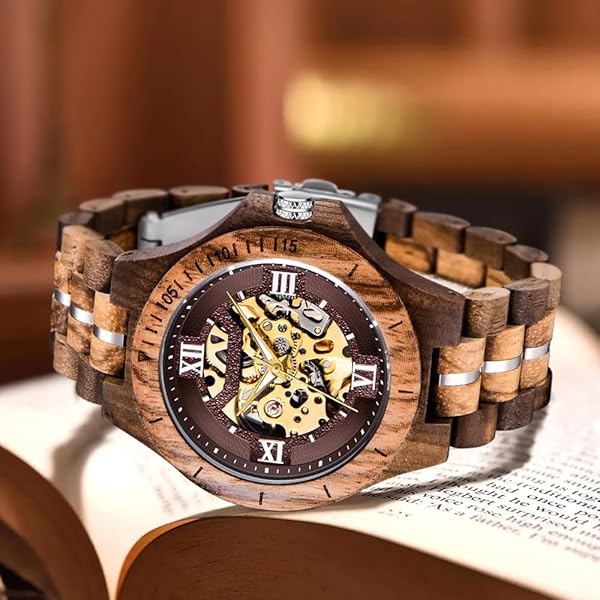 Men's Wooden Watch Triangle Skeleton Automatic Watch Mechanical Wood Watches for Men brown 2