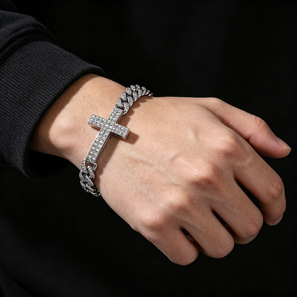 GemVibra Rhinestone Cross Cuban Link Zinc Alloy Bracelet