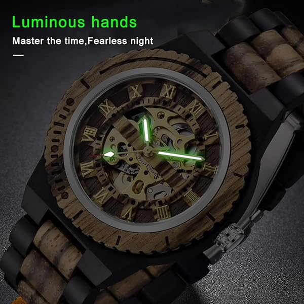 Men's Wooden Watch Triangle Skeleton Automatic Watch Mechanical Wood Watches for Men red&black