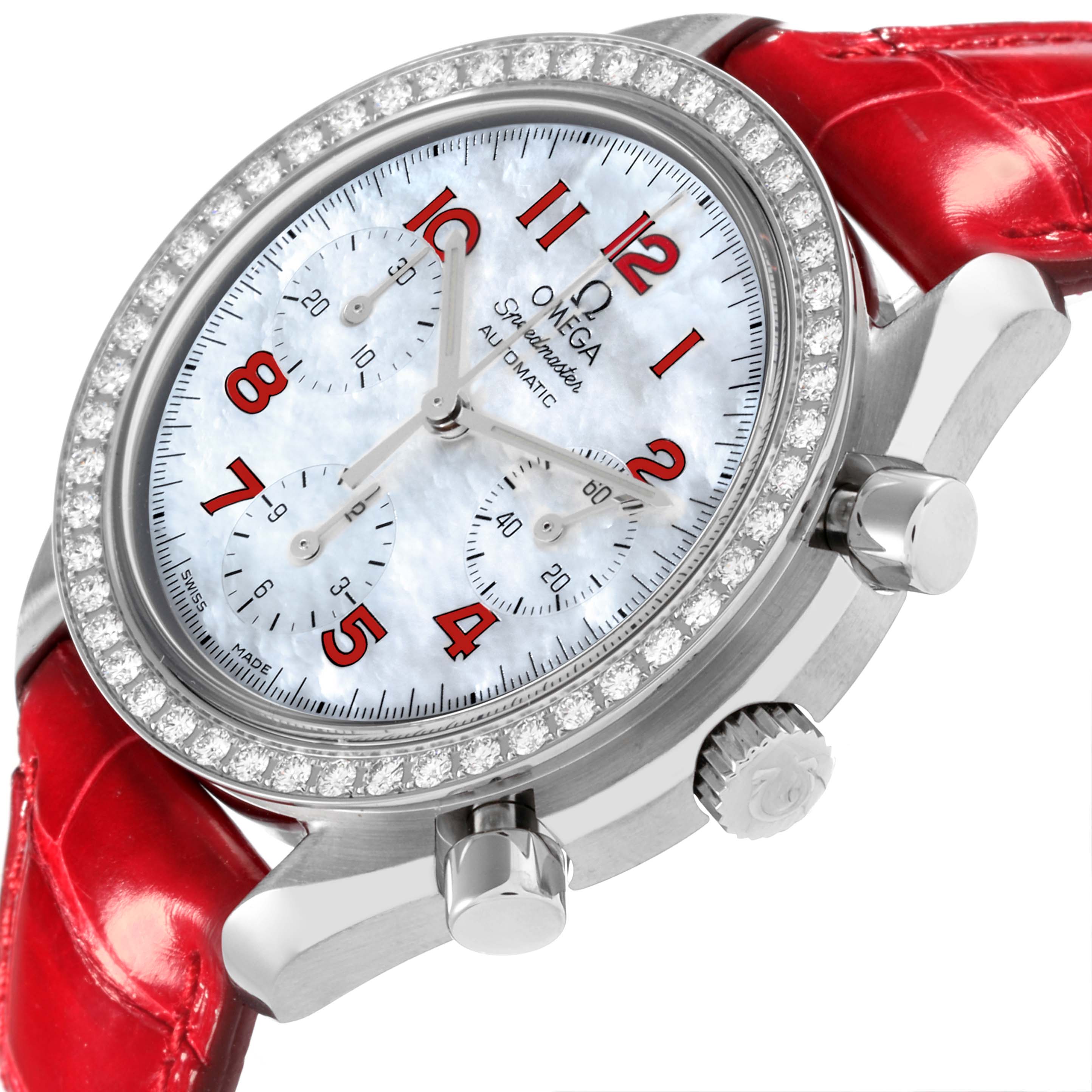 Omega Speedmaster MOP Diamond Red Strap Ladies Watch 39.0 MM 3815.79.40