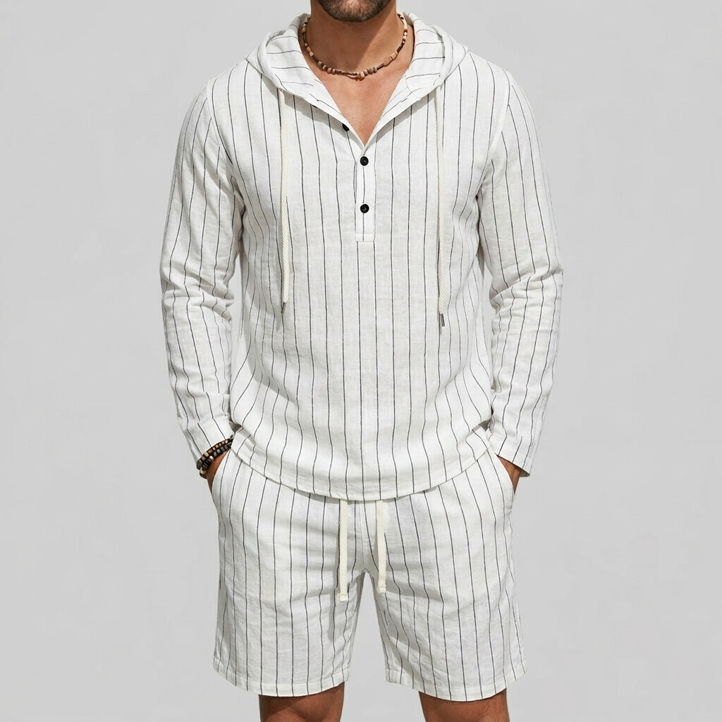 Men's Pinstripe Print Long Sleeve Half Placket Hooded Shirt & Drawstring Shorts 2Pcs Set