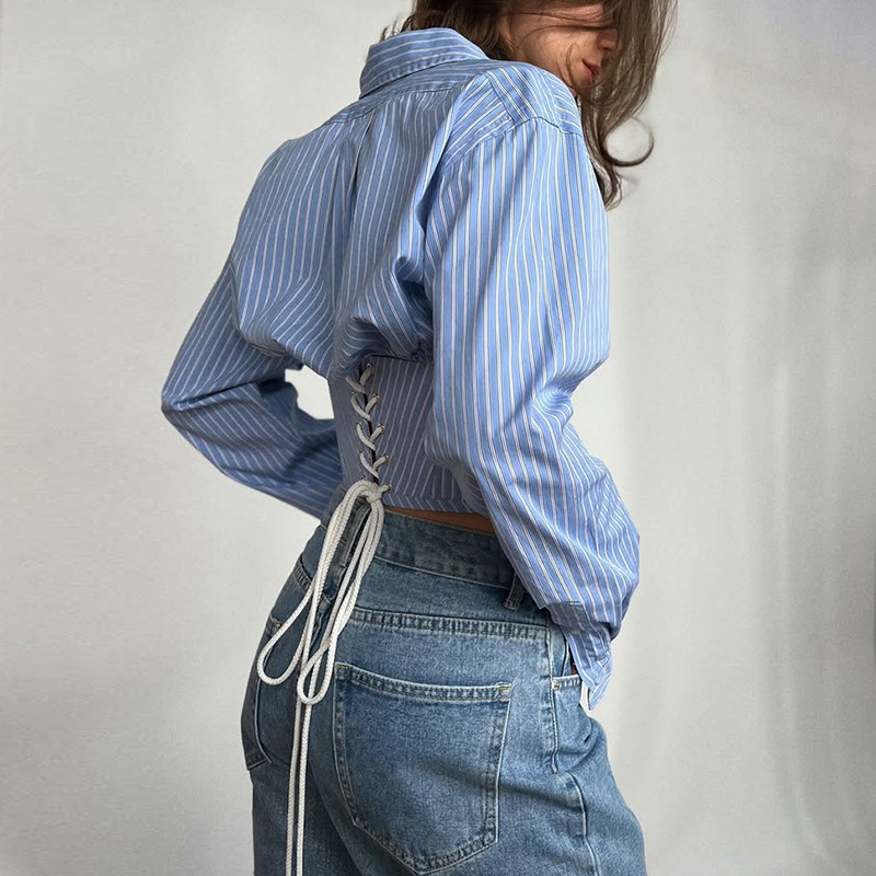 Women Summer Striped Turndown Collar Long-Sleeve Shirt Top