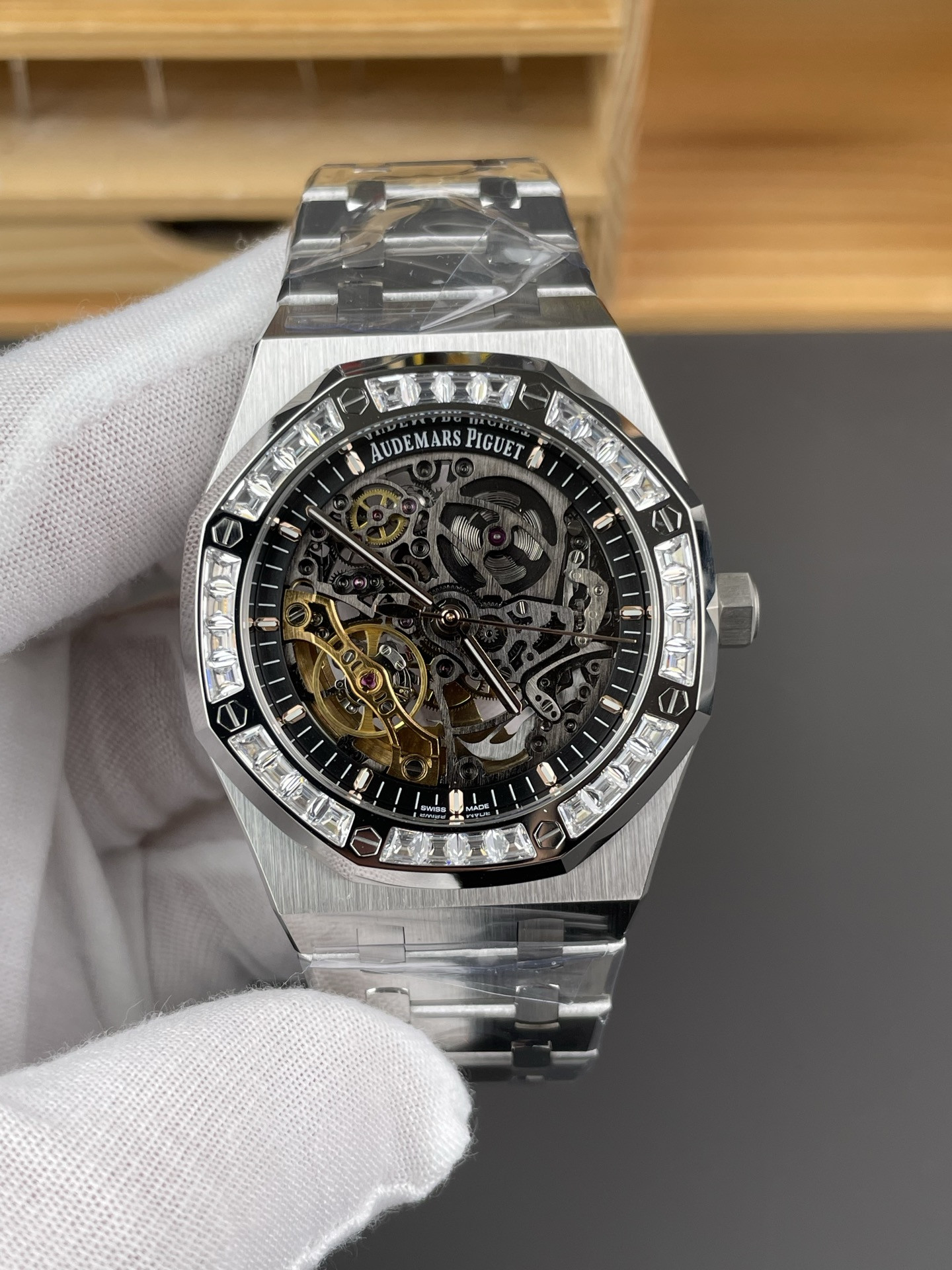Royal Oak 15412 Square Diamond Bezel White Skeleton