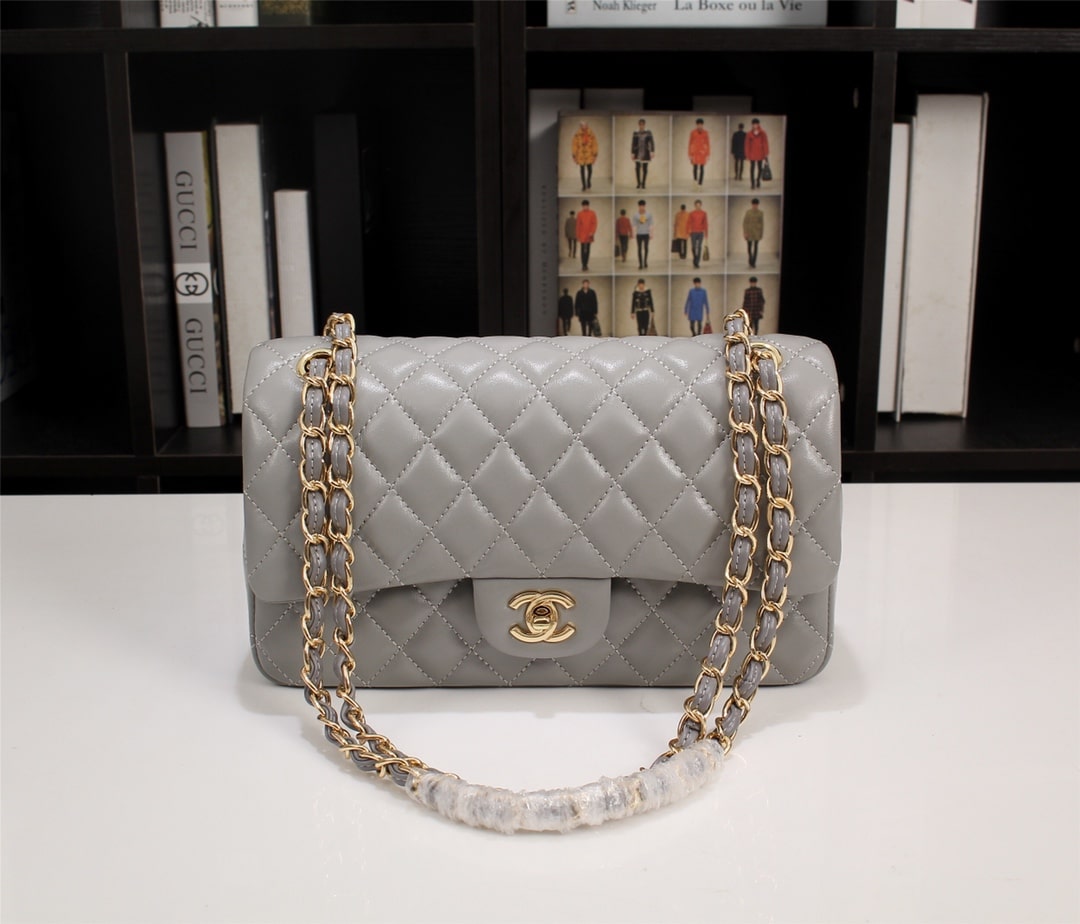Chanel Classic Double Flap Bag Gold Hardware Gray 25Cm